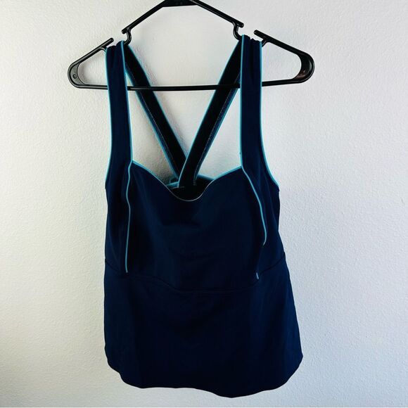 Lands End Navy Turquoise Cross Back Swim Suit Top Size 20 - Picture 1 of 3